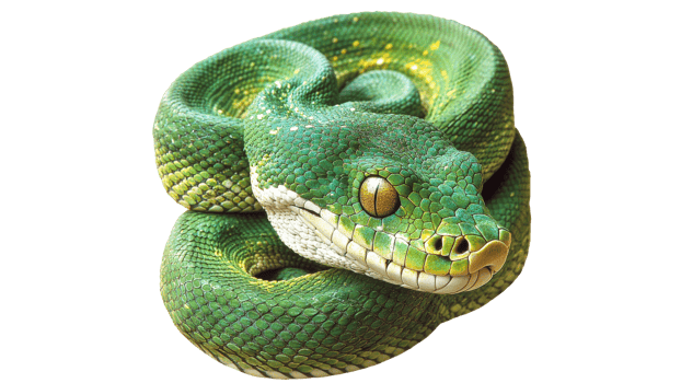 Green python resting on a branch in the forest png