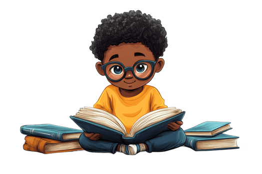 Young boy reading a book while seated on the floor png