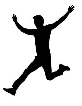 2d black silhouette of a person jumping up with arms raised, energetic movement, joy and celebration concept, excitement and success symbol, active and dynamic pose, on isolated background png