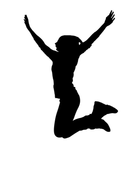 2d black silhouette of a person jumping up with arms raised high, energetic movement, celebration and joy concept, expressive body language, dynamic actio, , on isolated background png