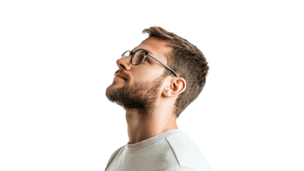 Man with glasses looking upwards in neutral light png