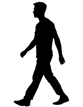 2d black silhouette of a casually walking man, side profile, wearing casual attire, motion capture, faceless human figure for graphic design on isolated background png