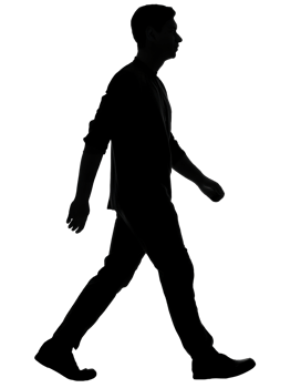 2d black silhouette of a casually walking man, side profile, wearing modern outfit, realistic motion, faceless human figure, dynamic pose for digital on isolated background png