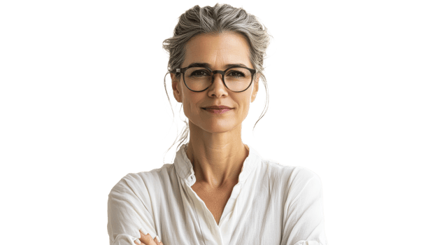 Confident woman with glasses in light blouse png