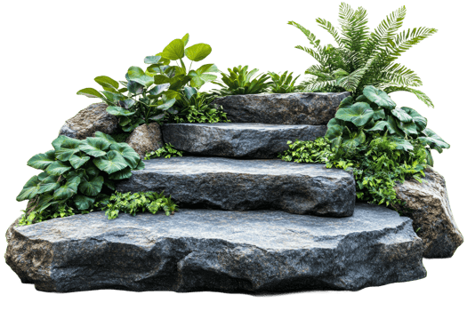 Rock garden with lush greenery and steps png