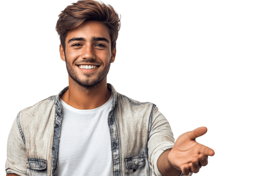 Smiling young man with welcoming gesture indoors png