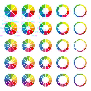Donut charts, pies segmented on 8, 9, 10, 11, 12 equal parts. Wheels divided in sections. Diagrams infographic multicoloured set. Circle section minimalist graph. Pizza chart round icons. Loading bar. vector