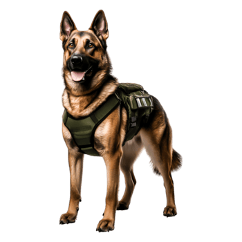 Happy German Shepherd Dog in Tactical Gear Ready for Action png