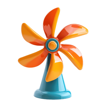 Colorful toy fan with orange and yellow blades on blue base isolated on transparent background, png
