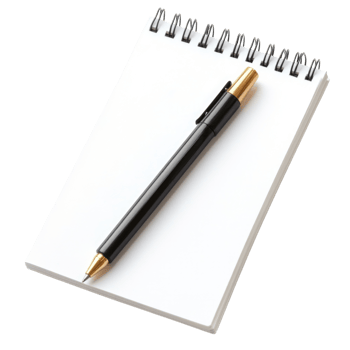 Notepad and black pen isolated on transparent background, png