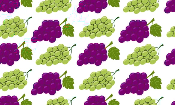 Grapes seamless pattern. Fresh purple and green grape with green leaves. Summer fruits background design. Collection of organic vitamins and healthy nutrition. Flat illustration vector