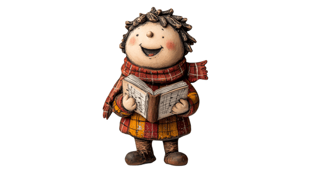 Happy child reading a book in winter attire png