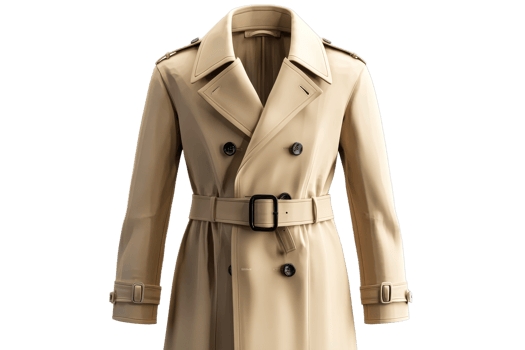 A fashionable beige trench coat is showcased png