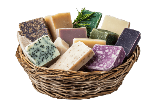 Assortment of artisan soaps in woven basket png