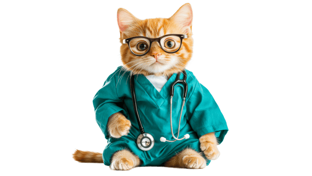 Cute ginger cat dressed as a doctor in a clinic png