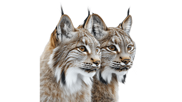 Two lynxes standing together in a snowy landscape png