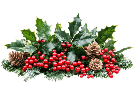 Holiday decorations with holly and pine cones png