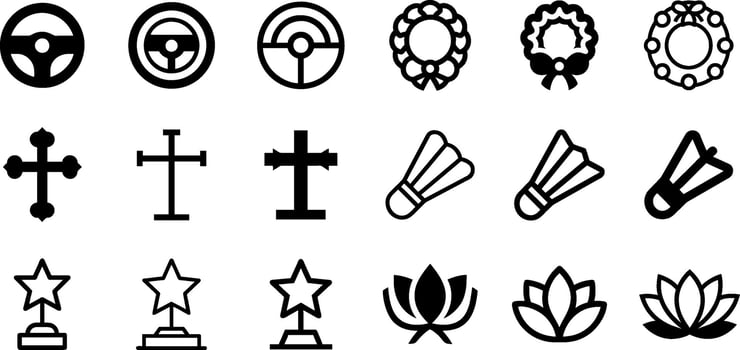 Celebratory and Faith Icons Steering Wheel Wreath Christian Cross Shuttlecock Star Trophy Lotus Flower vector