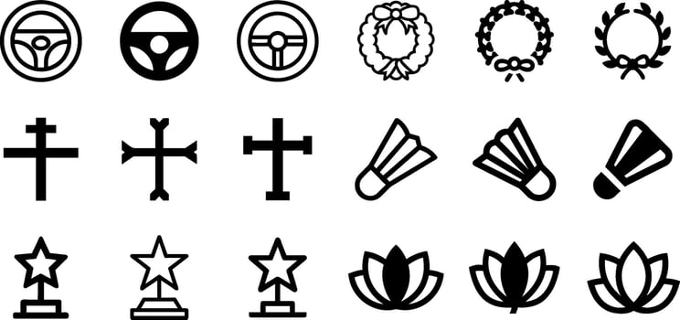 Steering Wheel Wreath Christian Cross Shuttlecock Star Trophy and Lotus Flower Icon Set vector
