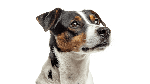 Dog with patchy coat looking thoughtfully upwards png