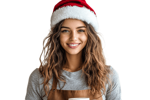 Smiling woman in Christmas hat with coffee png