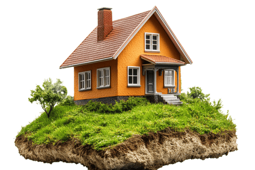 Floating orange house on grassy island landscape png