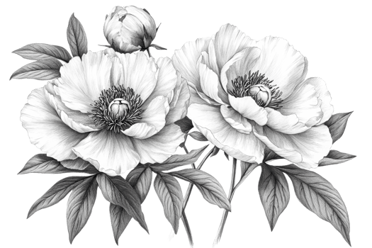 Detailed black and white peony drawing png