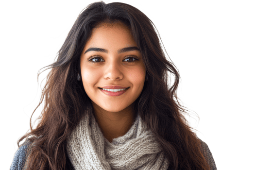 Smiling young woman with long dark hair in sweater png