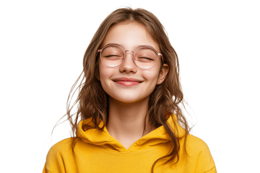 Girl in glasses smiles in yellow hoodie png