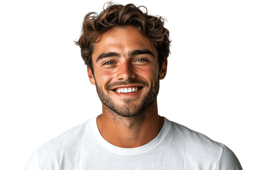 Smiling young man with curly hair in casual attire transparent png
