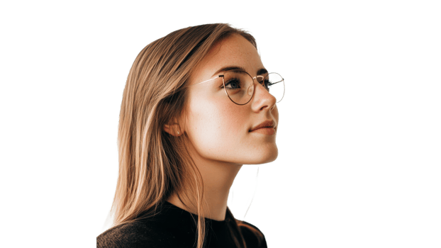Thoughtful young woman in glasses transparent png