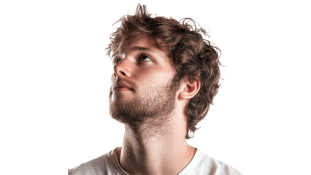 Young man gazes upwards in thought png