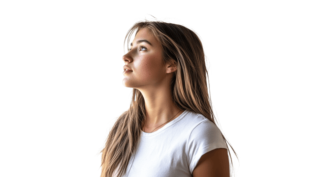 Young woman gazing thoughtfully upwards with light png
