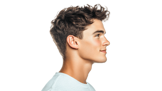 Profile view of a young man with curly hair transparent png