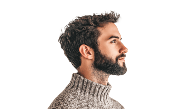 Profile view of a man with a beard and sweater png