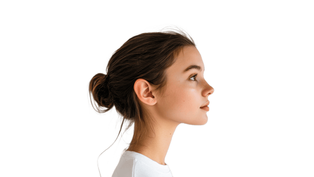 Profile view of a young woman with tied hair png