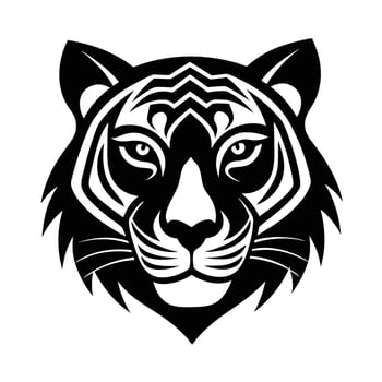 A striking black and white illustration of a tigers head. The design is stylized with tribal like markings, creating a powerful and majestic image. vector