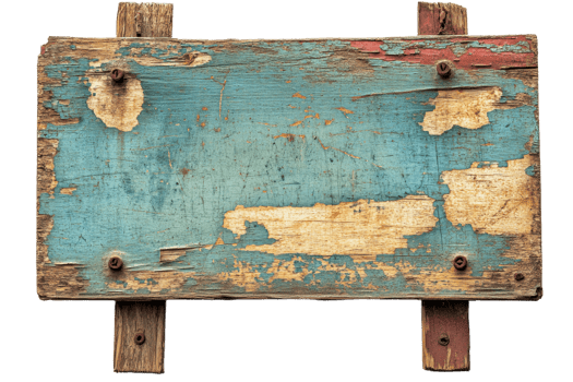 Weathered wooden sign with blue paint and rust png