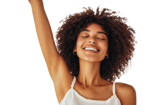 Joyful woman expressing happiness with raised arm png