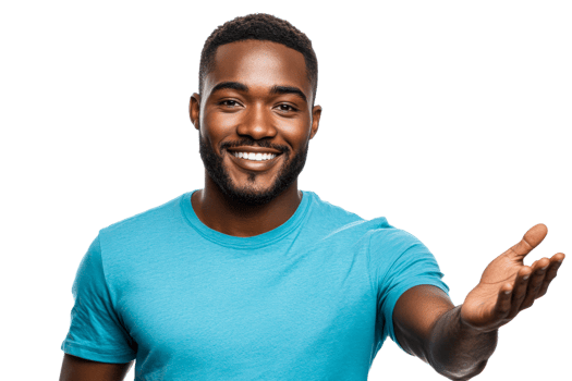 Smiling man inviting with open hand gesture png