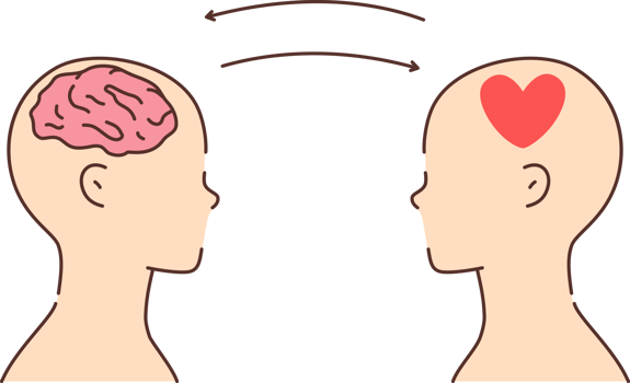 Balance between rationality and emotion for person who uses brain and heart at same time. Psychological harmony in decision making demonstrates two people with heart and brain in heads png