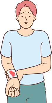 Diabetes symptom in upset man with blood stain on hand feeling problem of slow wound healing. Diabetes causes stress in guy with bandage on wrist, needing doctor help and insulin injection png