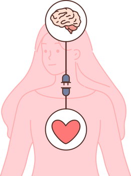 Harmony between mind and emotions for woman, with wire connecting brain and heart. Achieving life harmony or balance, helping to achieve success and avoid rash decisions that destroy life png