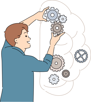 Man is developing artificial intelligence by placing industrial gears inside brain. Development of neural mechanism that allows you to replace human brain with ai and improve memory or intelligence png