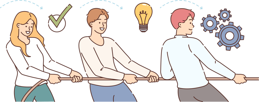 Synergy of group of people pulling rope together and fighting to achieve results from idea to production of prototype. Synergy between man and woman demonstrating ability to work as equals png