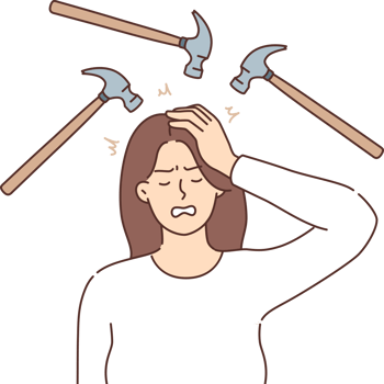 Headache and migraine torment woman who feels blows to head with hammers and needs pharmacological remedies. Headache symptoms are caused by hangover after party or uncontrolled drinking beer png