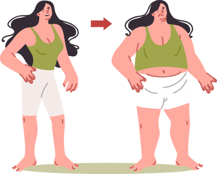 Transformation of fat woman into thin, thanks to low-calorie diet and fitness. Comparison of girl before and after low-carb diet that helps get rid of excess weight and cellulite on body png