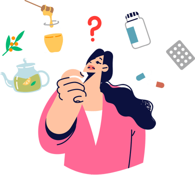 Woman with influenza is considering treatment with traditional methods or pharmacological drugs. Girl understands effectiveness of treatment using natural products and antibiotic tablets png
