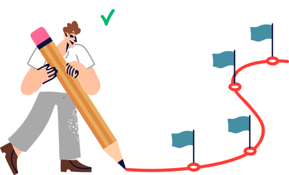 Man plans future by drawing route for move forward and setting small goals to achieve big goal. Ambitious guy uses big pencil for pave way to success and create plan leading to career growth png
