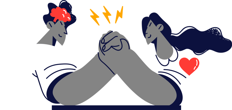 Struggle for leadership in relationship between man and woman arguing about importance of intellect and feelings. Progmatic guy and romantic girl are in conflict, having communication problems png